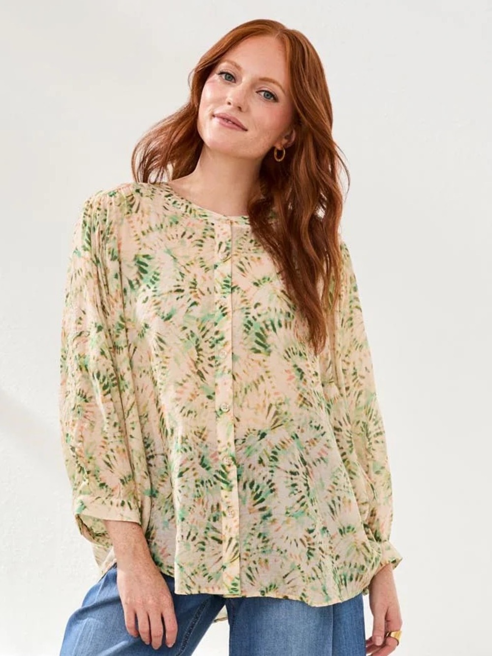 Tribal Flowy Dolman Sleeve Blouse With Self-Covering Buttons-Cactusclay
